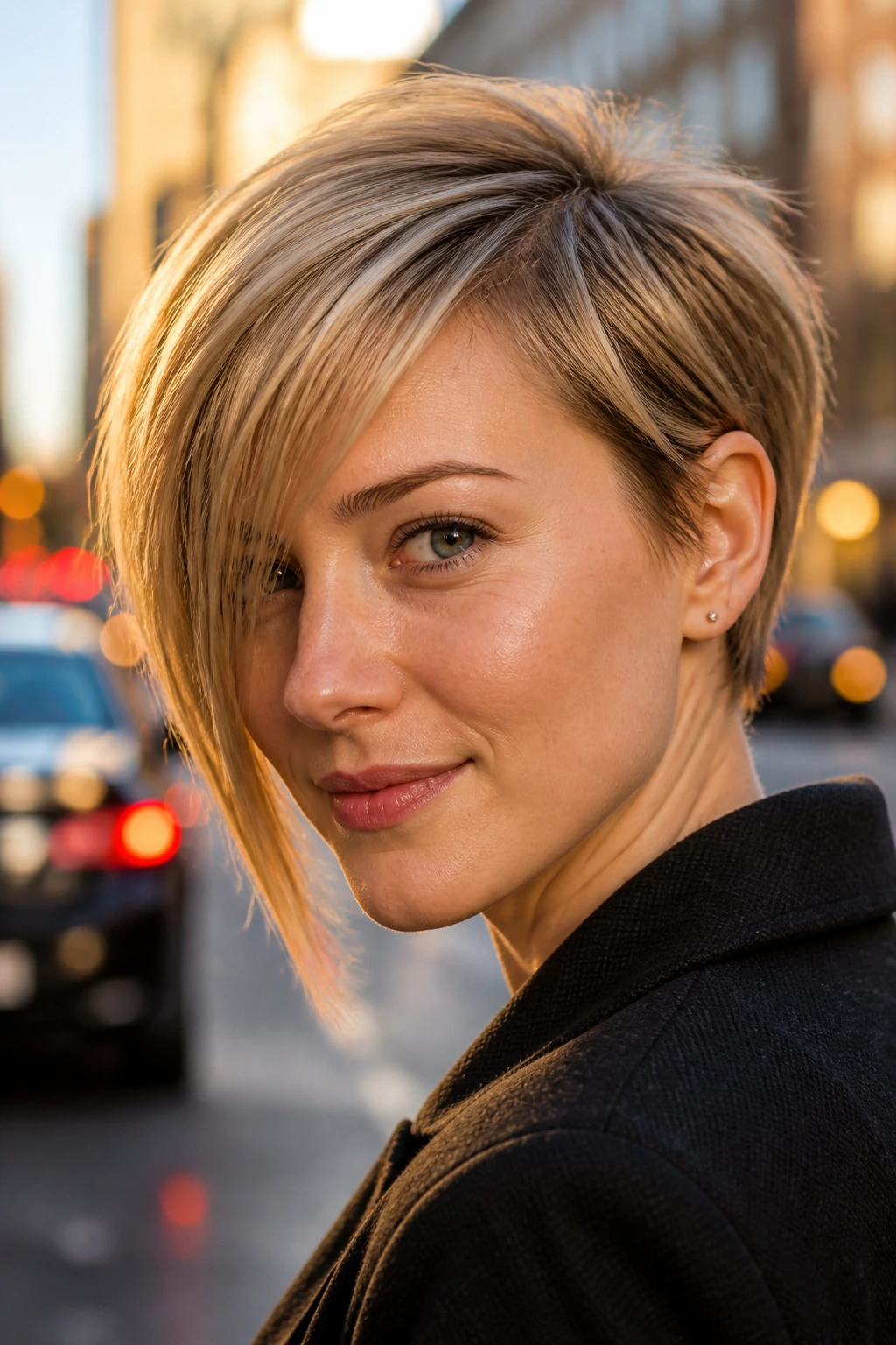 Close-up of a real person with an angled asymmetrical side fringe
