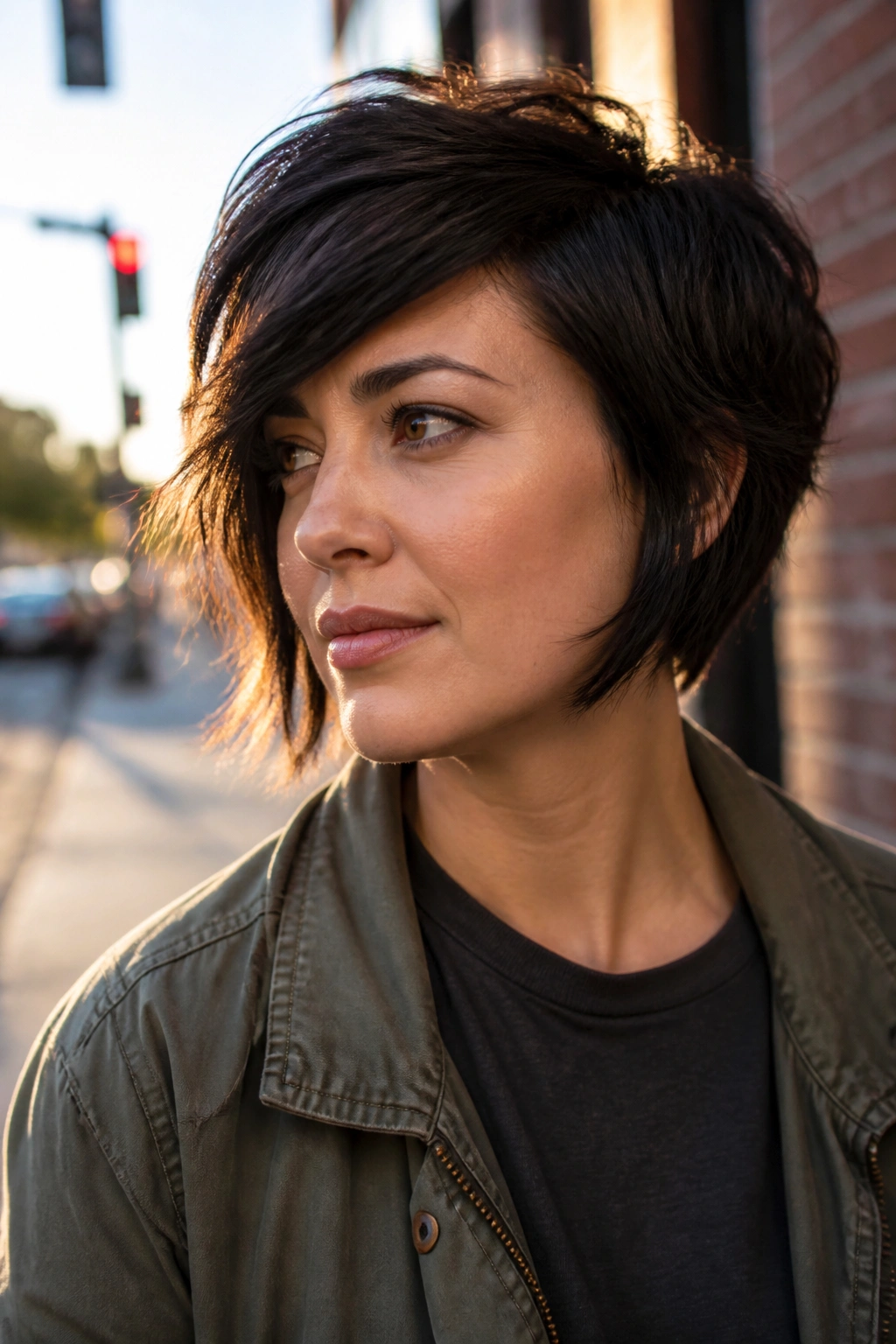 Close-up of a real woman with asymmetrical side shag on a round face