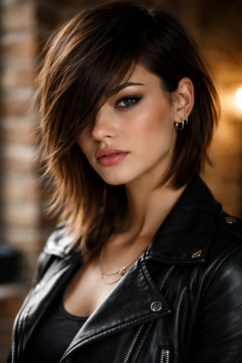 Close-up portrait of a real person with asymmetrical side-swept bangs