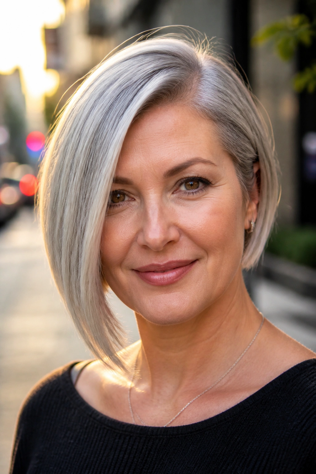 Close-up portrait of a real woman with asymmetrical silver bob on a golden hour street