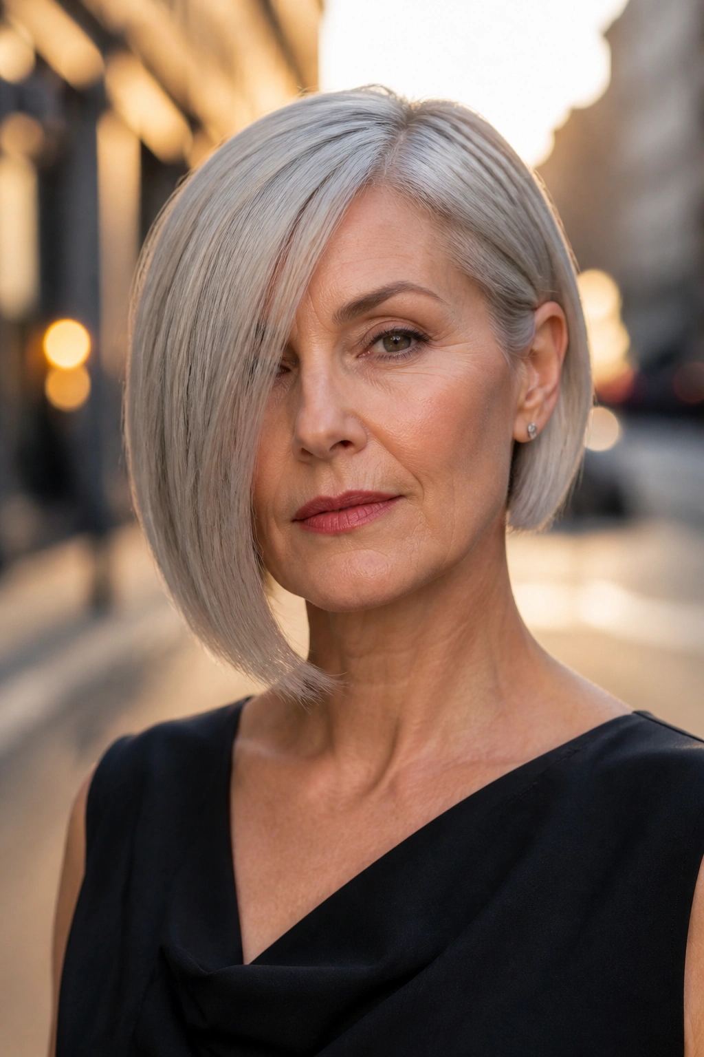 Close-up of a real person with a silver asymmetrical bob and a longer diagonal side