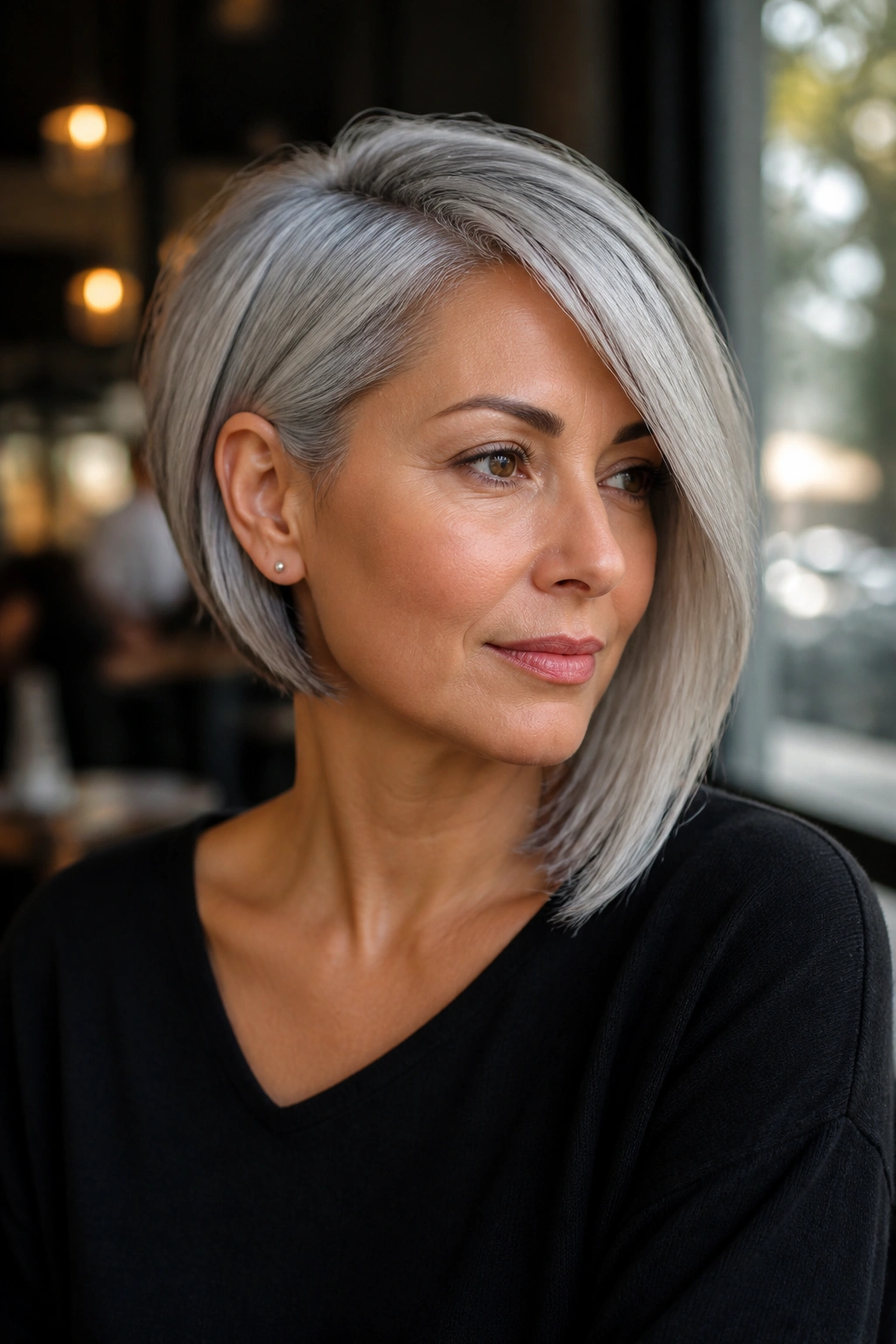 Close-up portrait of a real woman with an asymmetrical silver bob, longer side below chin.