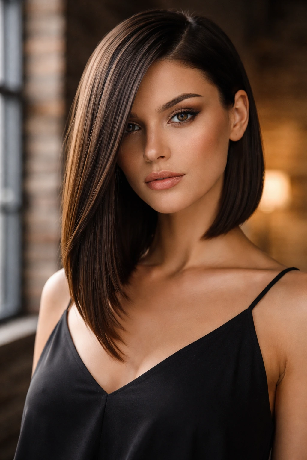 Portrait of a real woman with an asymmetrical sleek lob and diagonal length