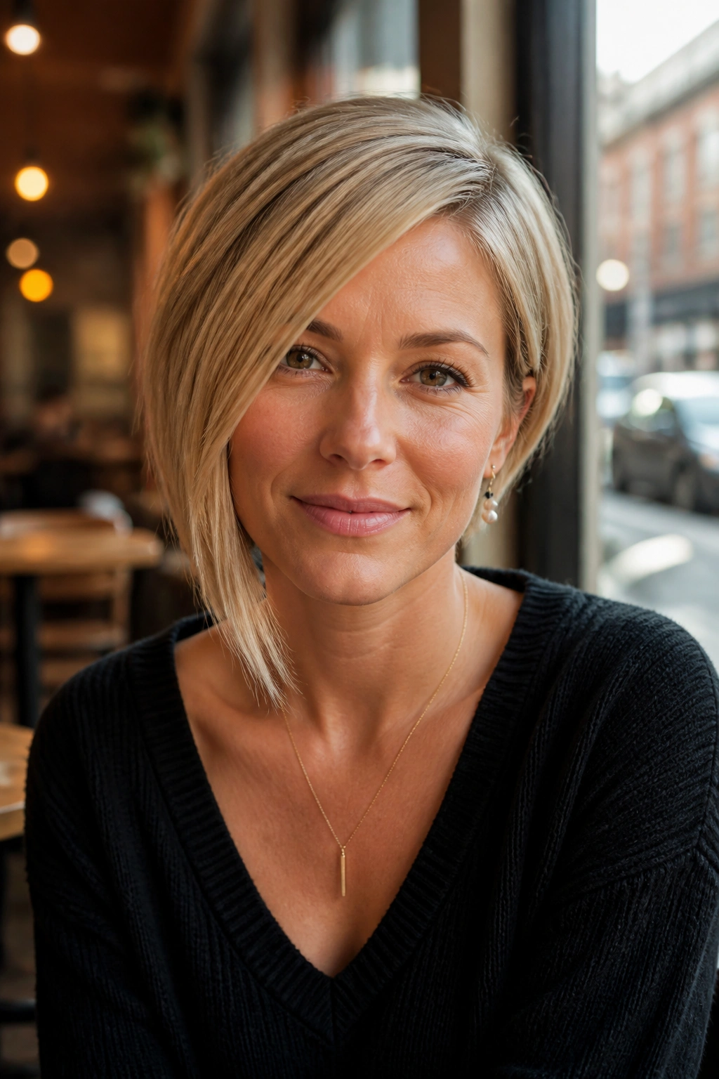 Close-up portrait of a real woman with asymmetrical stacked blonde bob and longer side
