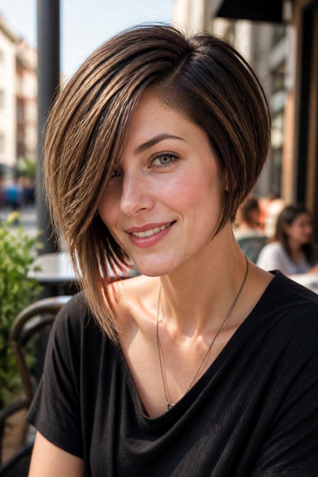 Close-up of real woman with asymmetrical stacked bob