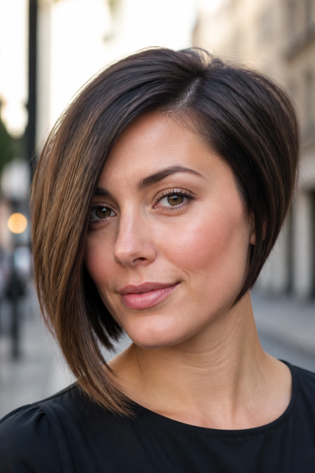 Close-up of a real woman with an asymmetrical stacked bob