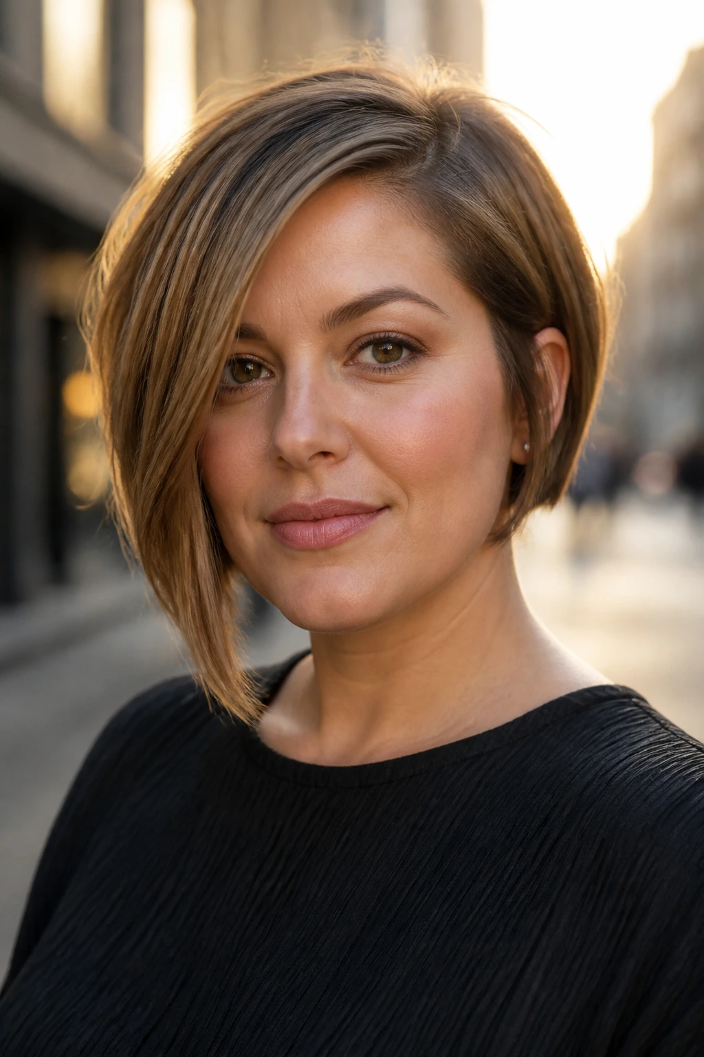 Close-up of a real woman wearing an asymmetrical stacked bob.