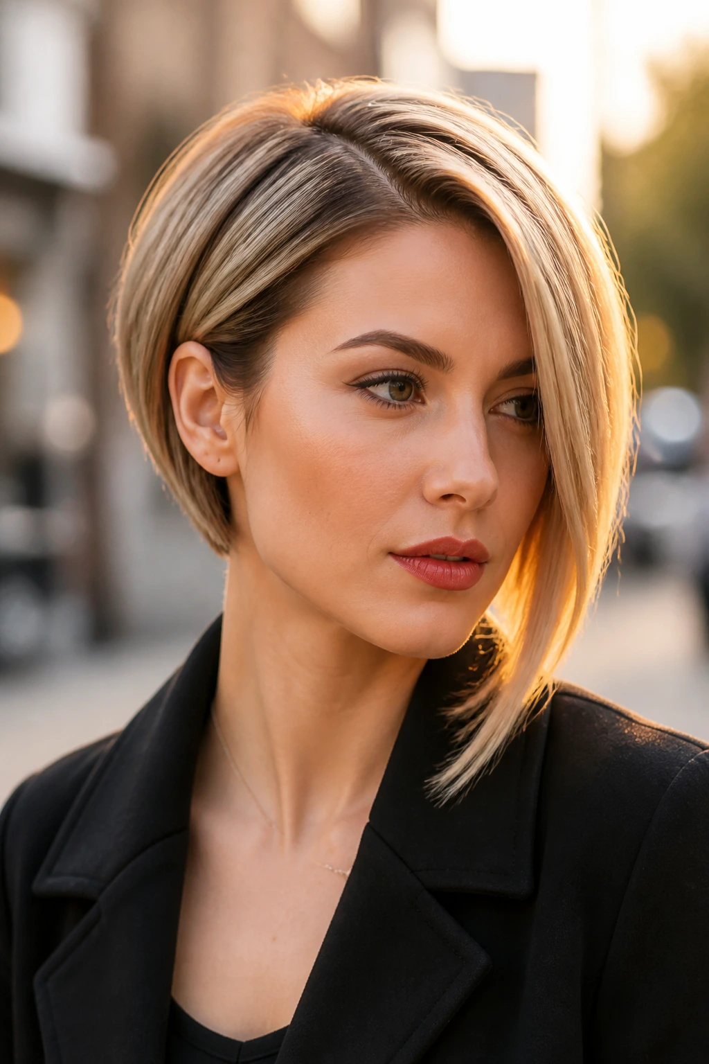 Real woman with subtle asymmetrical stacked bob, one longer side, outdoor city setting.