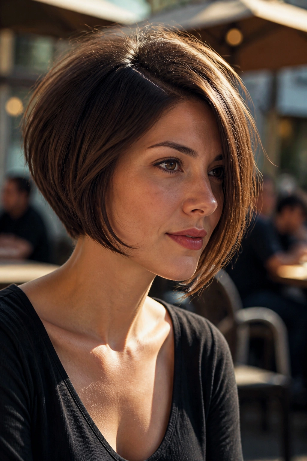 Portrait of a real woman with asymmetrical stacked bob and longer front.