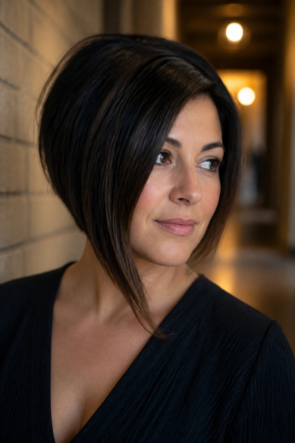 Real woman with asymmetrical stacked bob and longer front