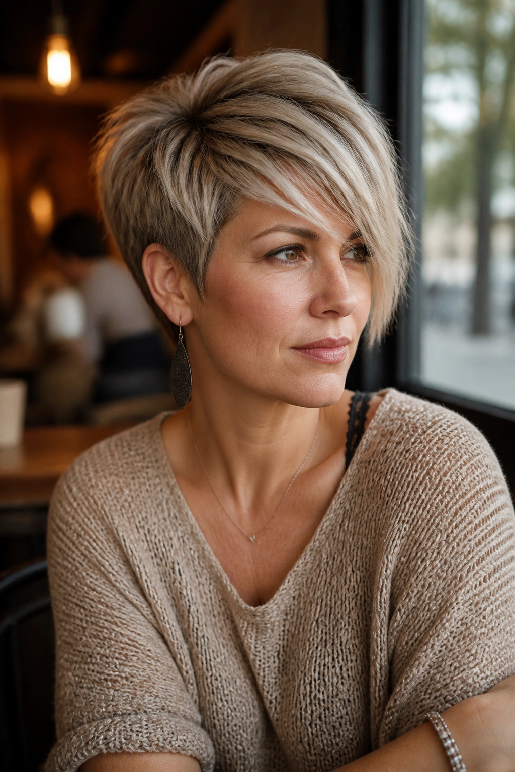 Portrait of real woman with asymmetrical stacked pixie and long bangs in cafe window light