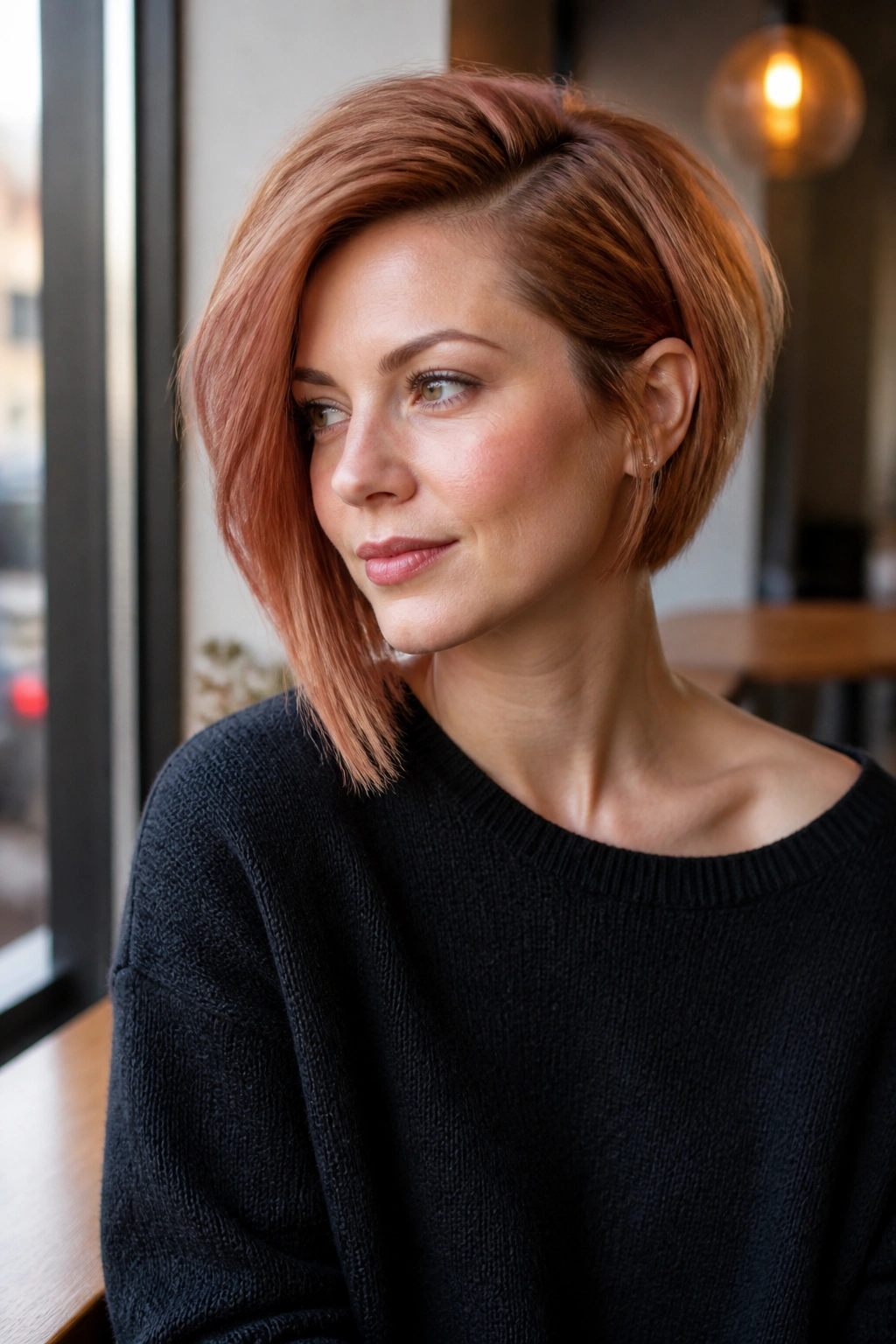 Portrait of a real woman with an asymmetrical strawberry bob and deeper side part