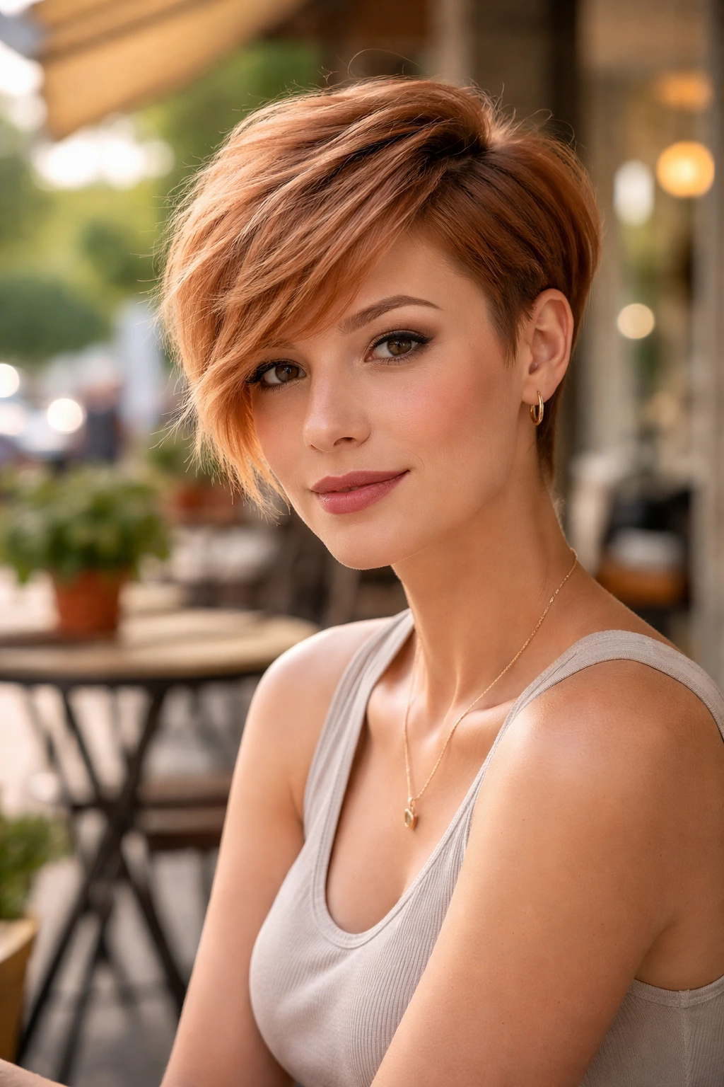 Close-up of woman with asymmetrical strawberry pixie hairstyle outdoors