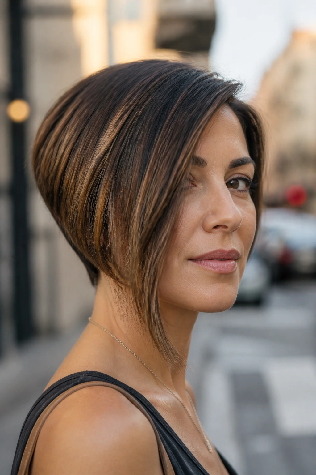 Close-up of real woman with asymmetrical swing bob showing longer and shorter sides.