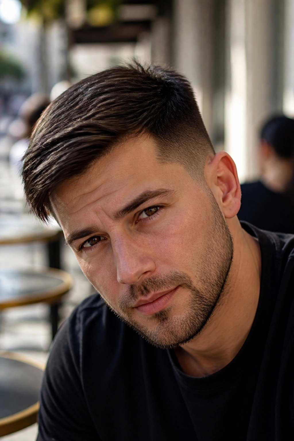 Close-up portrait of a man with a short asymmetrical taper and heavy front corner.