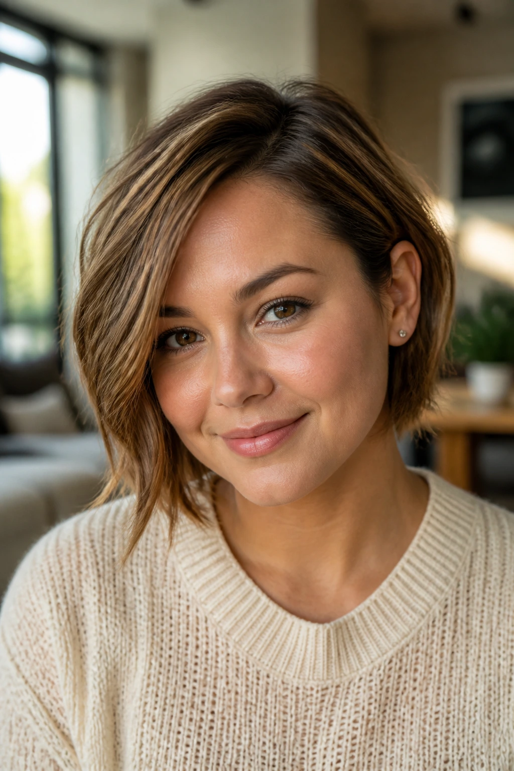 Close-up portrait of a real woman with an asymmetrical textured bob under natural window light