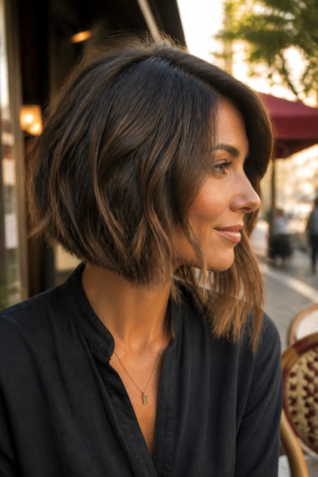 Real person with subtle asymmetrical textured lob showing diagonal length difference.