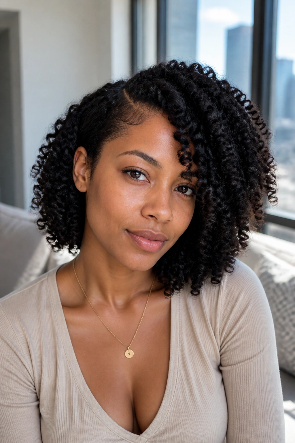 Close-up of asymmetrical twist-out with one voluminous side