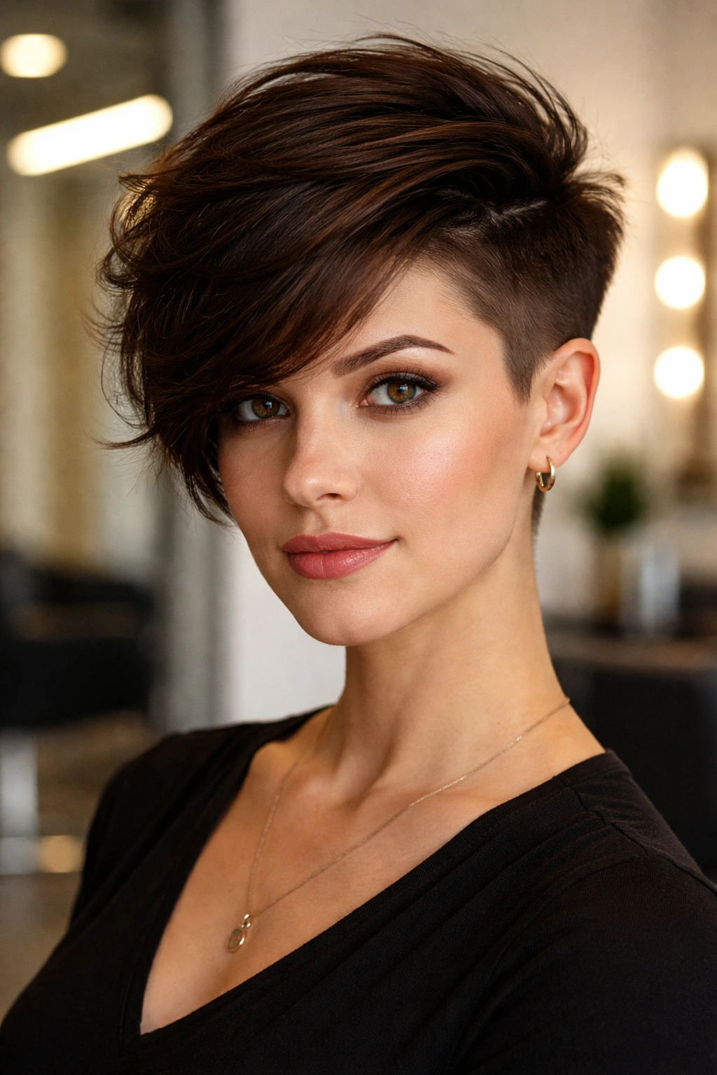 Close-up portrait of a real woman with an asymmetrical undercut and swept longer side.