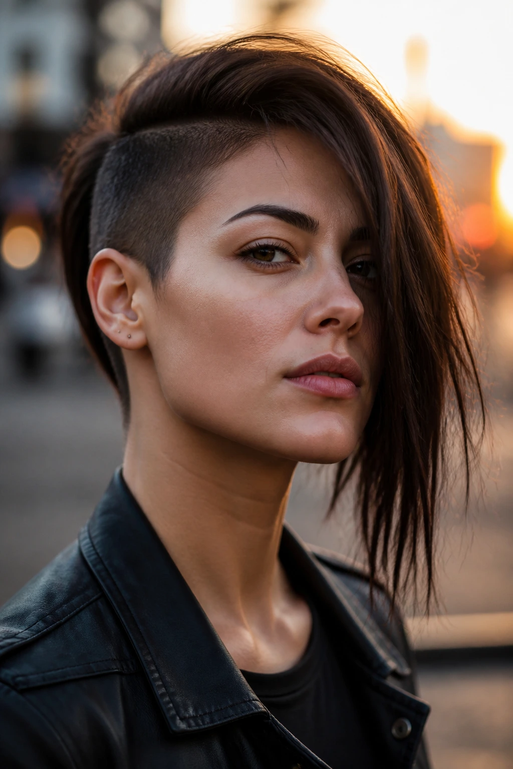Close-up portrait of a real person with an asymmetrical undercut on a city street at golden hour