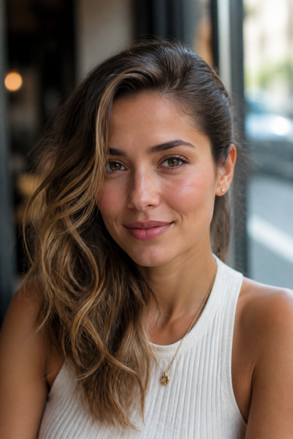 Portrait of a real woman with asymmetrical waves and one side tucked behind the ear
