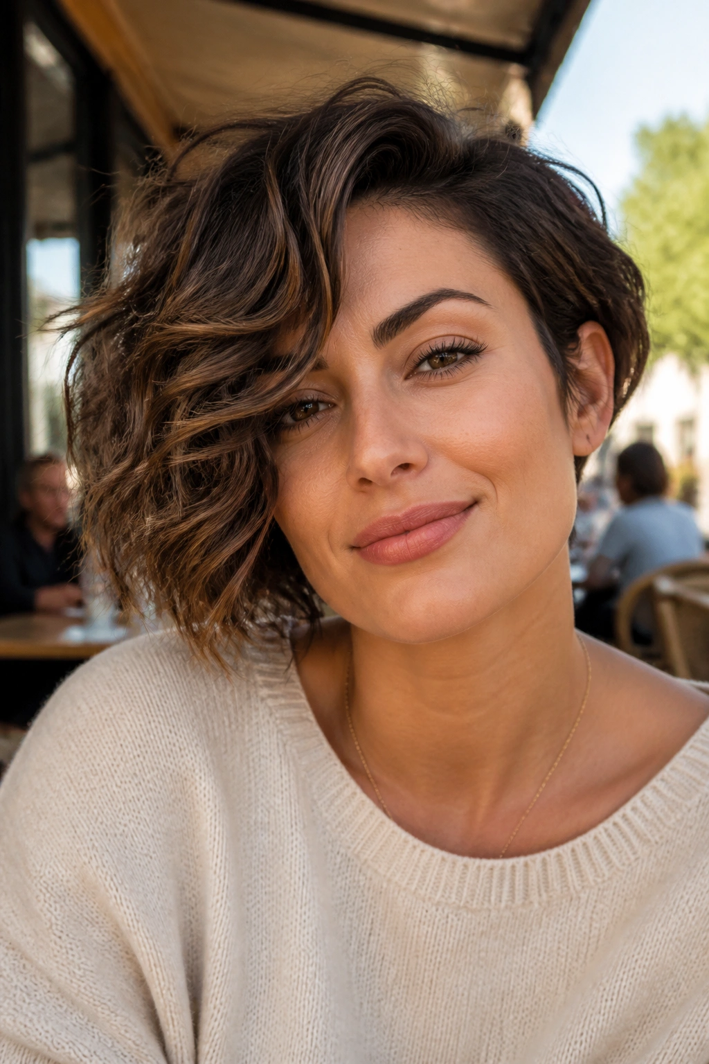 Close-up of a real woman with an asymmetrical wavy bob.