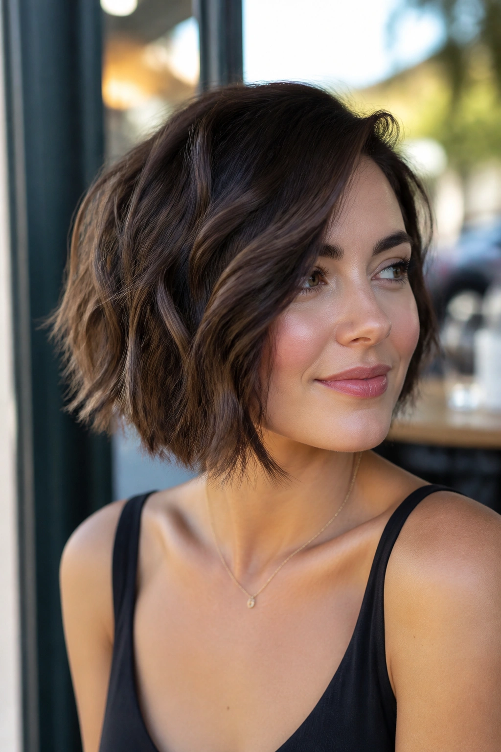 Close-up of real woman with asymmetrical wavy bob in daylight