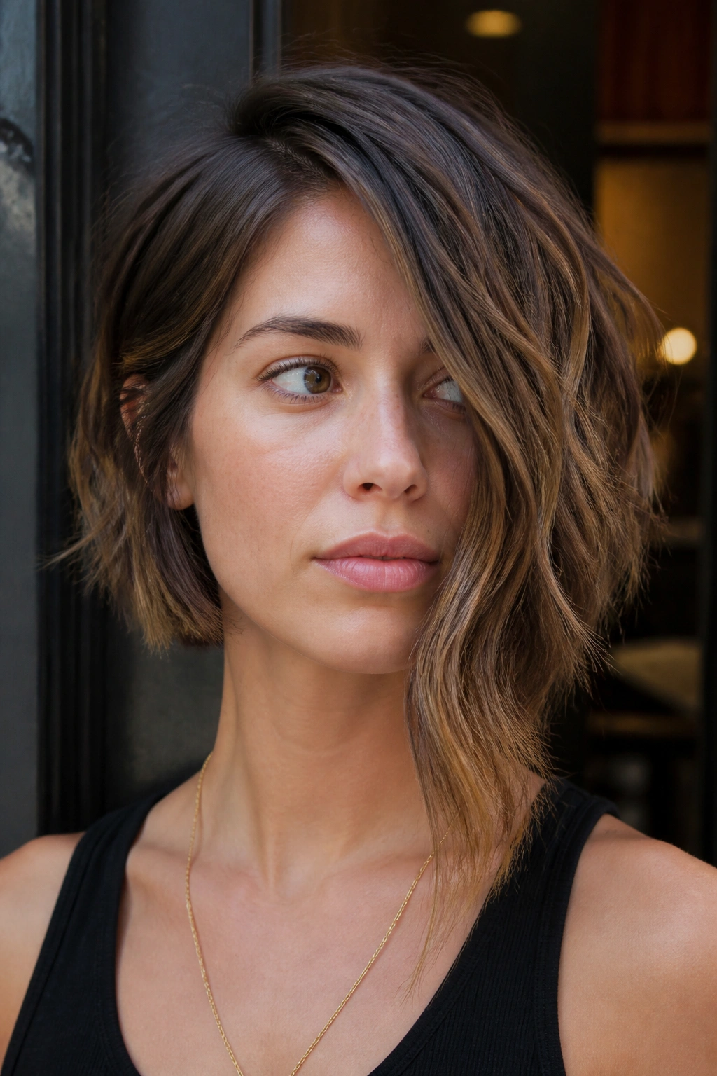 Real woman with asymmetrical wavy bob and longer front
