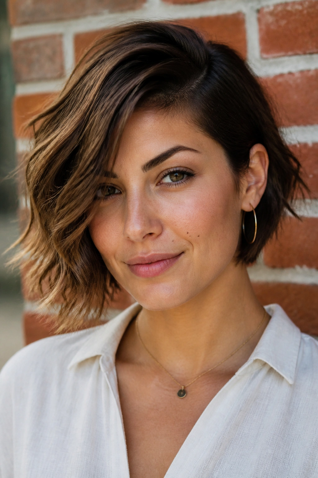 Real-woman portrait with an asymmetrical wavy bob.