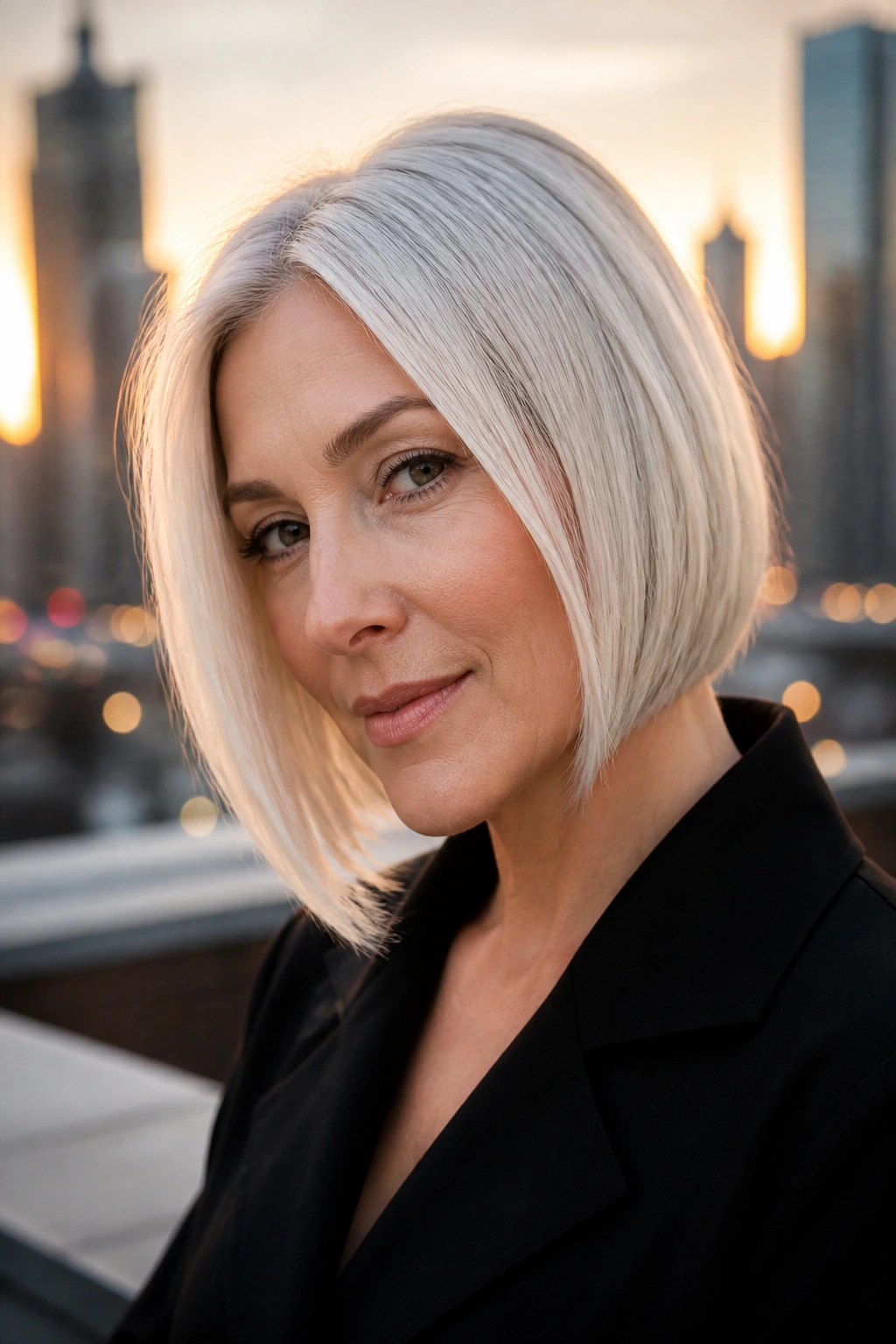 Close-up of a real woman with a sleek asymmetrical white bob at golden hour