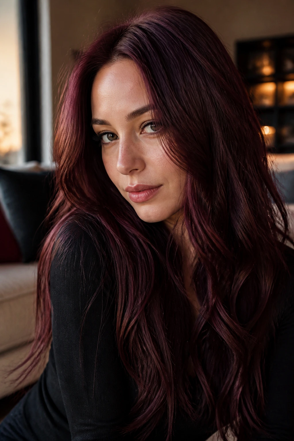 Close-up portrait of a real woman with aubergine auburn hair in warm living room light.