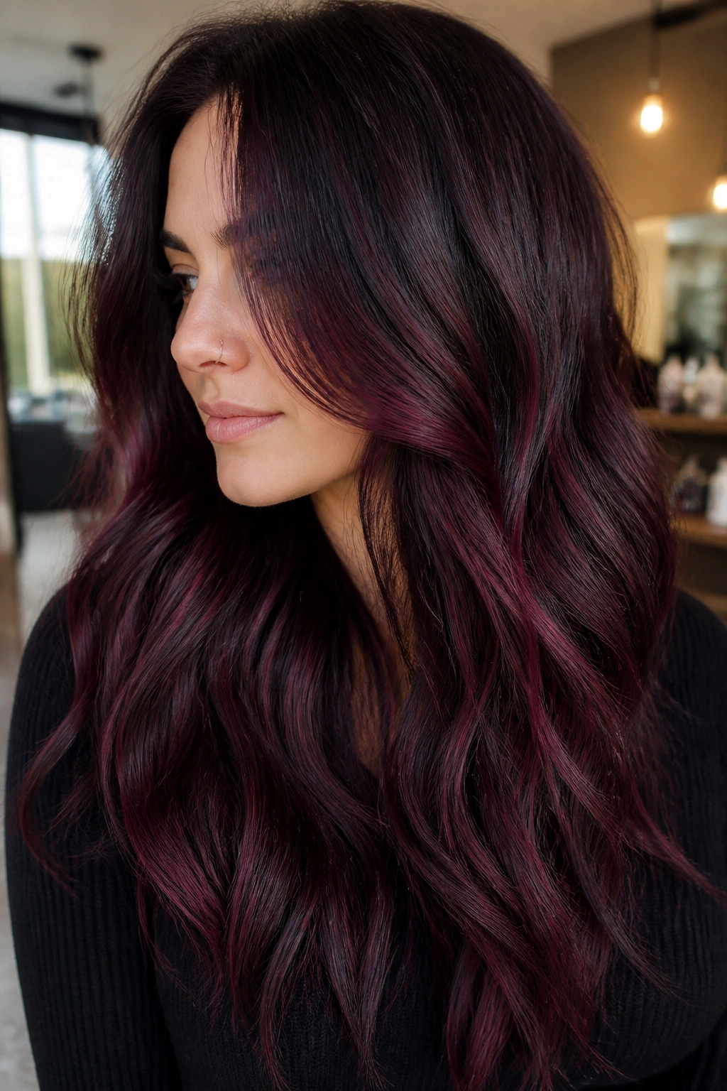Close-up portrait of a real woman with deep aubergine red balayage on brown hair