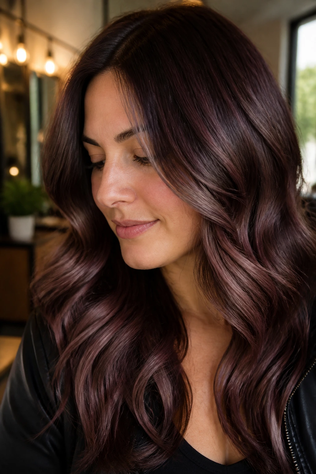 Close-up of a real woman with aubergine balayage and light brunette lows on brown hair