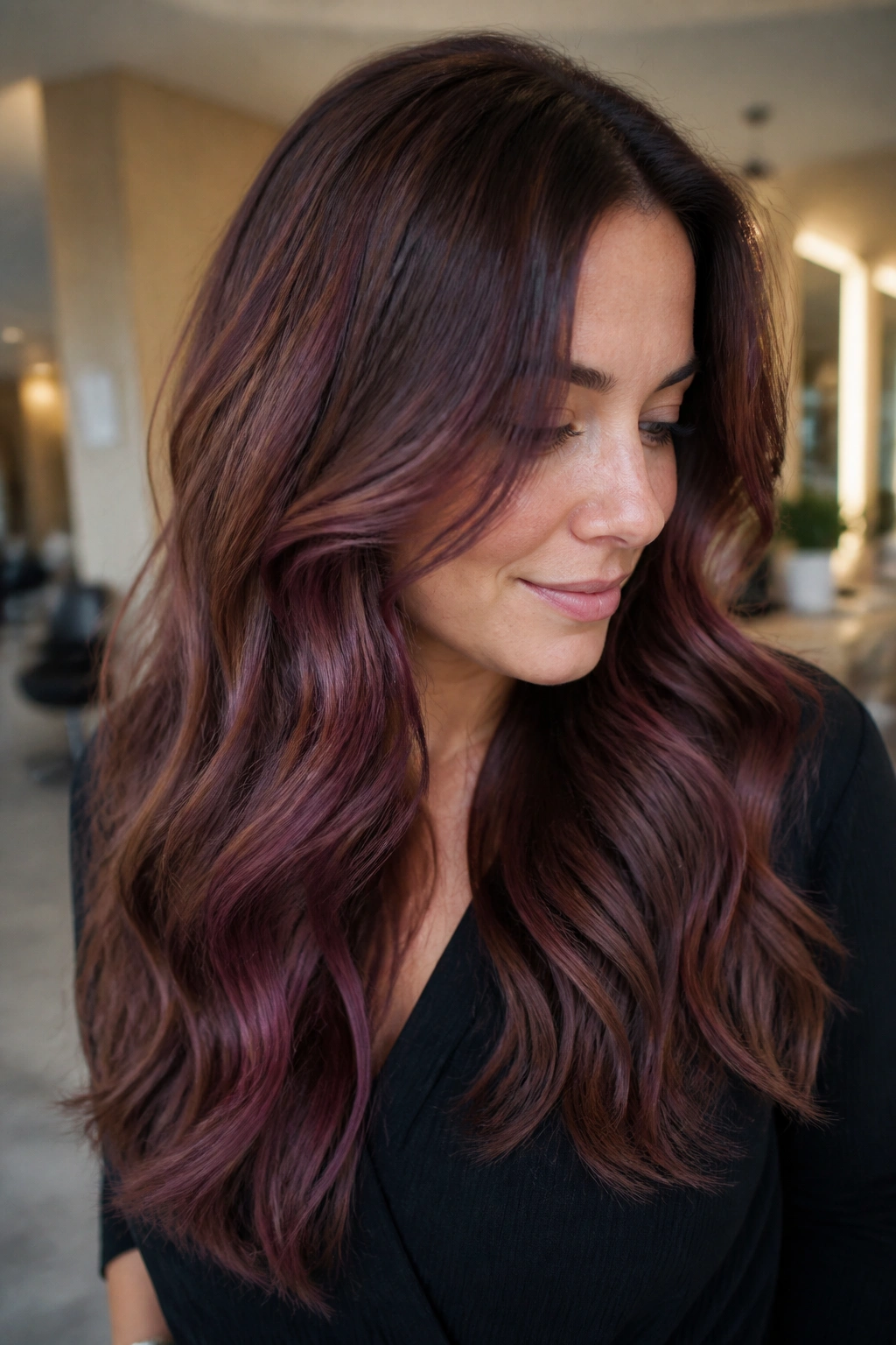 Close-up of aubergine balayage melted into chestnut brown hair on a real person