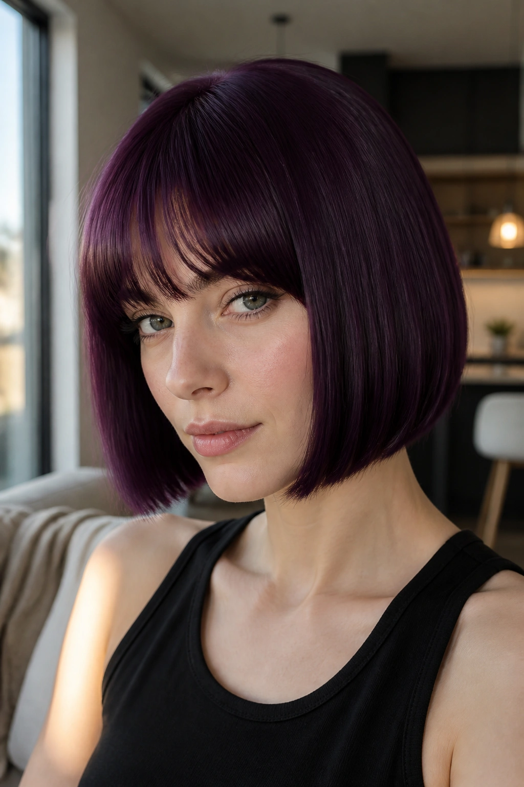 Close-up portrait of a person with a blunt aubergine bob.