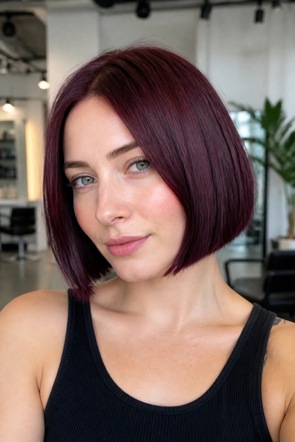 Real person with aubergine-infused burgundy bob hairstyle