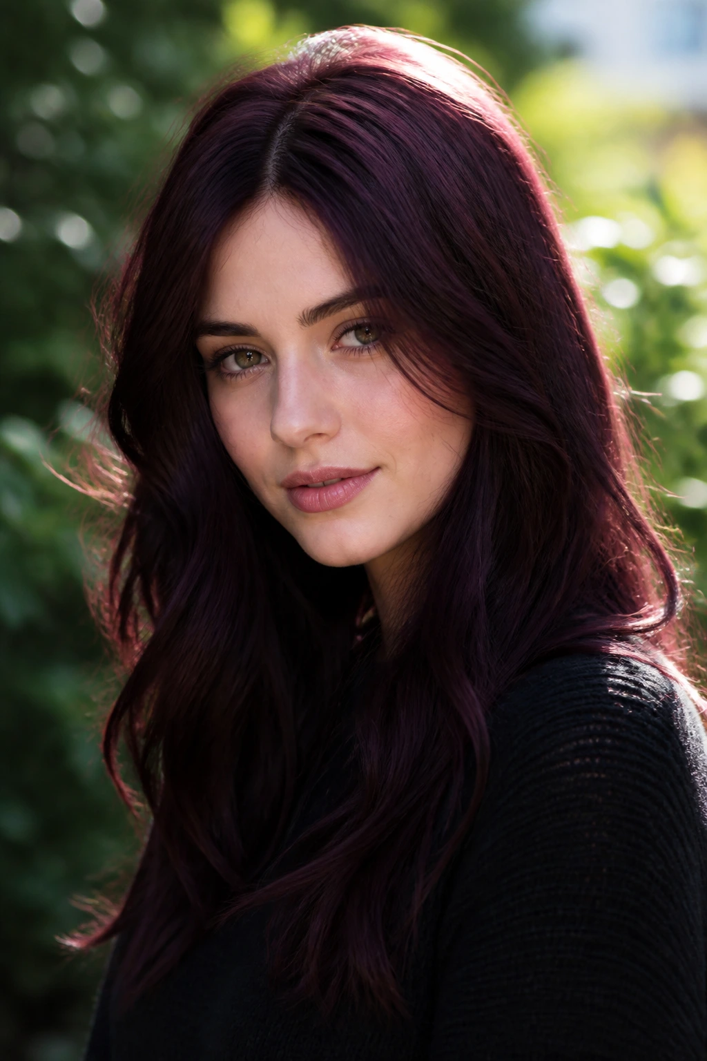 Close-up of a real woman with deep aubergine burgundy hair in soft daylight.
