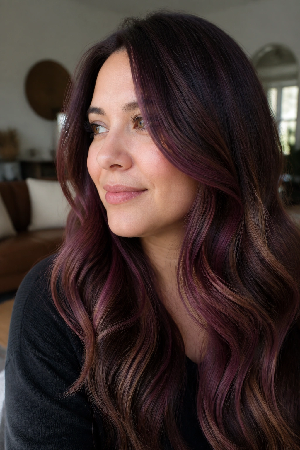 Close-up of a real woman showing aubergine and cocoa hair dimension framing the face