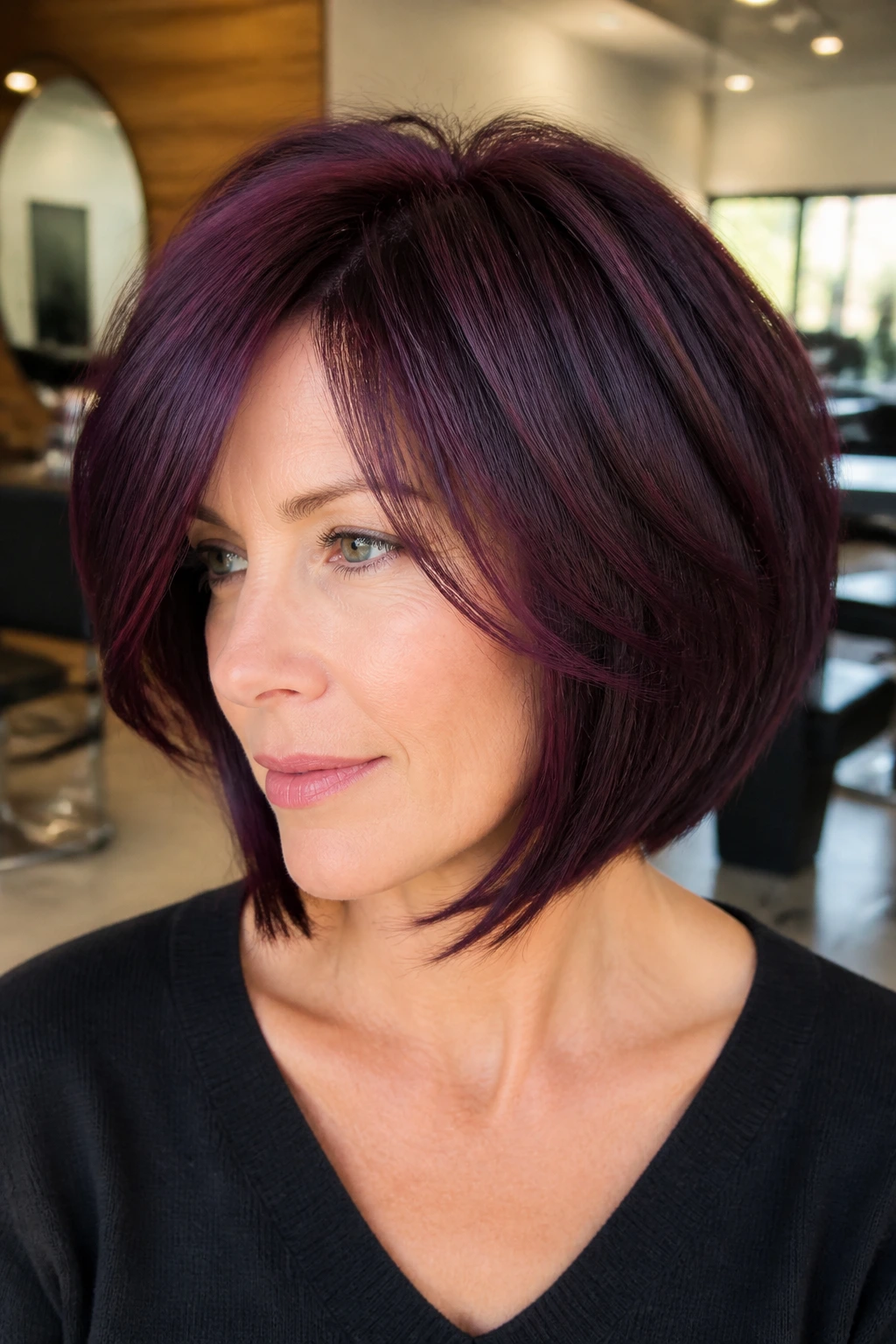 Close-up portrait of a woman with aubergine layered bob in a warm salon.