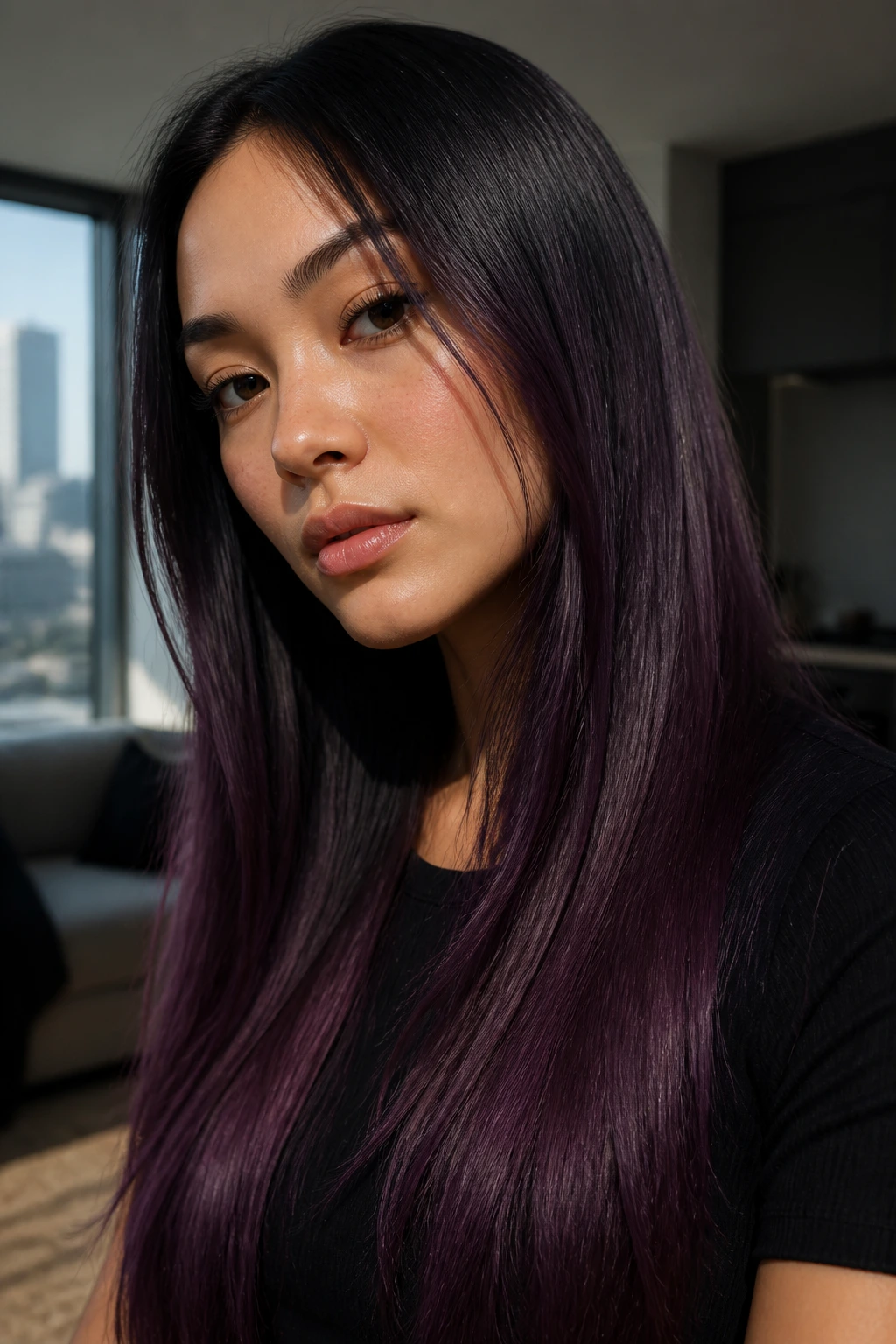 Close-up of real woman with black-to-aubergine melt hair color