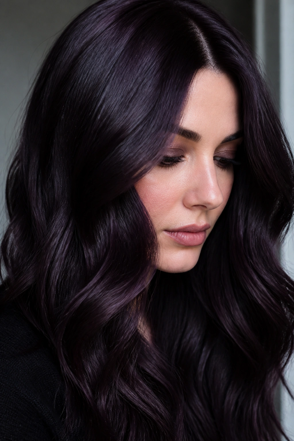 Close-up portrait of a real person with aubergine noir hair, near-black with purple depth.