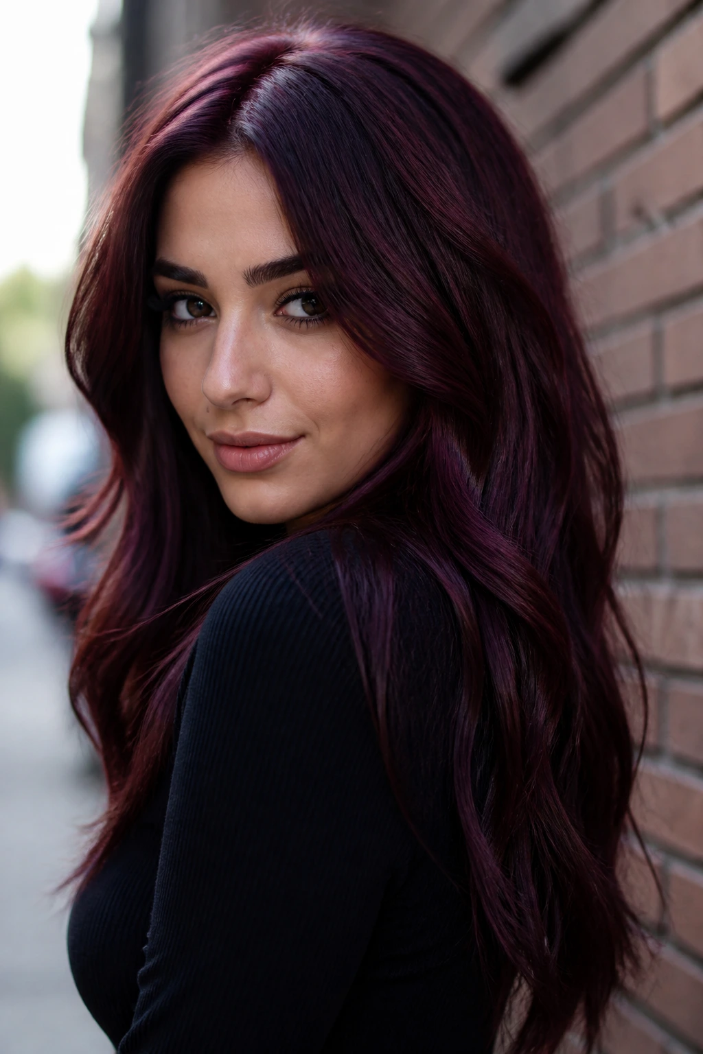 Close-up of a real woman with aubergine-red brunette hair near a brick wall.