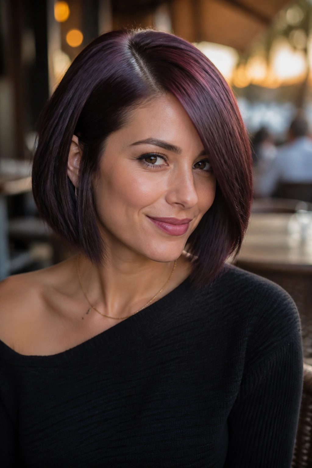 Close-up of a woman with a glossy aubergine side-part bob