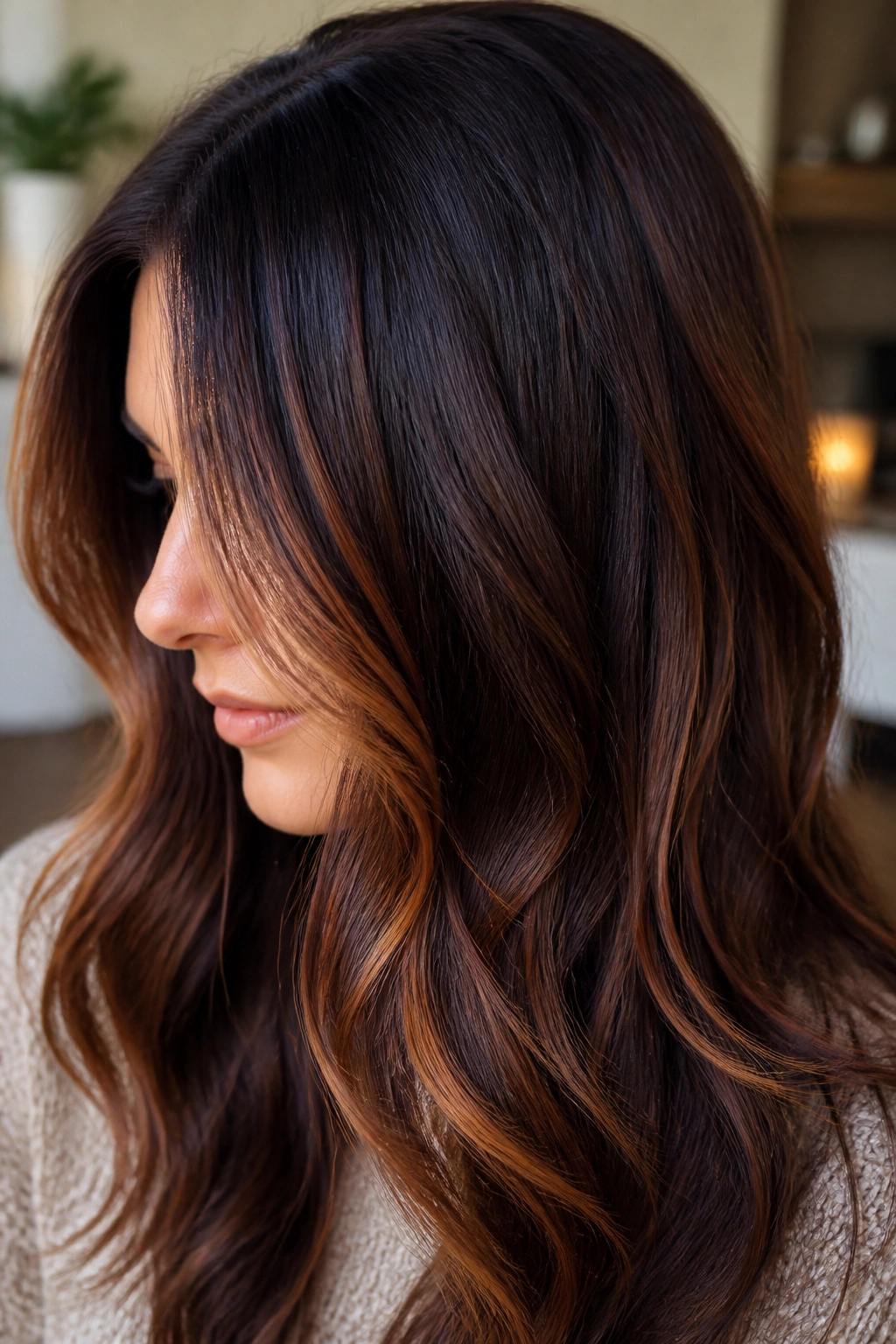 Close-up of hair with auburn accents near the front and mid-lengths