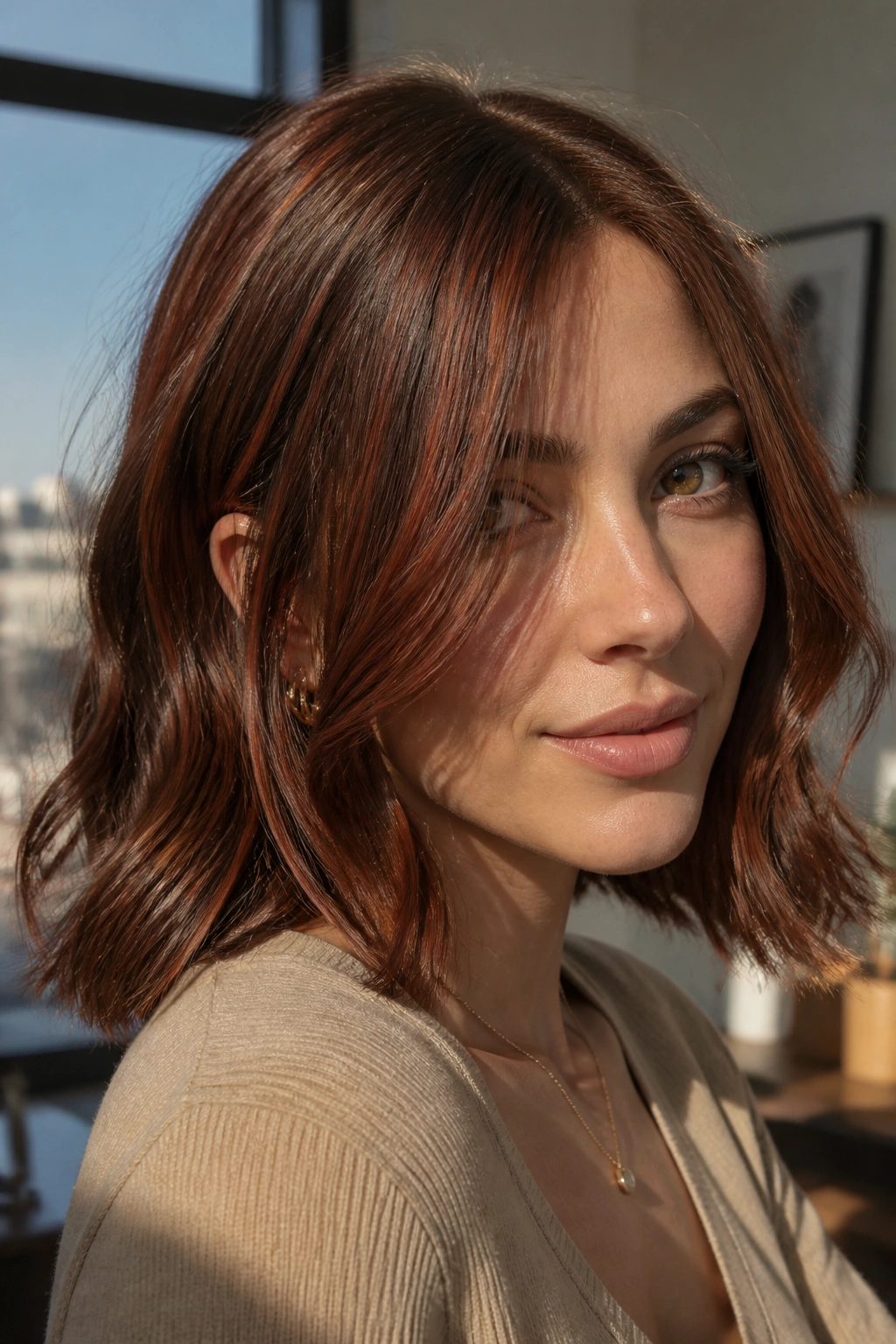 Auburn babylights on a bob with fine strands around crown