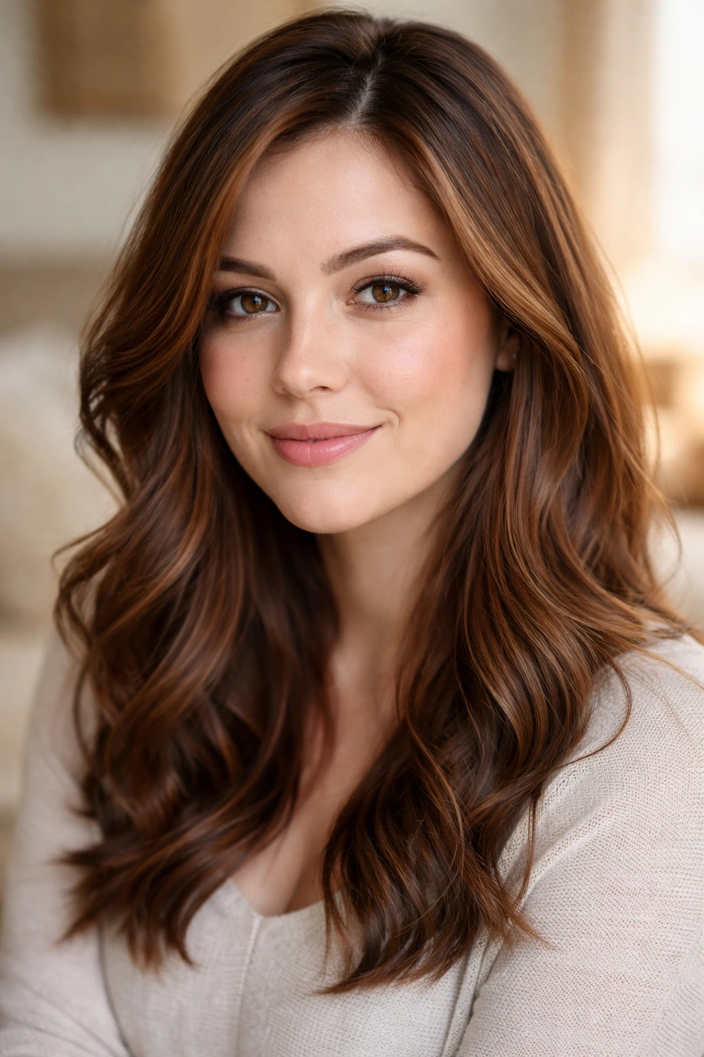 Close-up of a woman with subtle auburn babylights throughout her hair