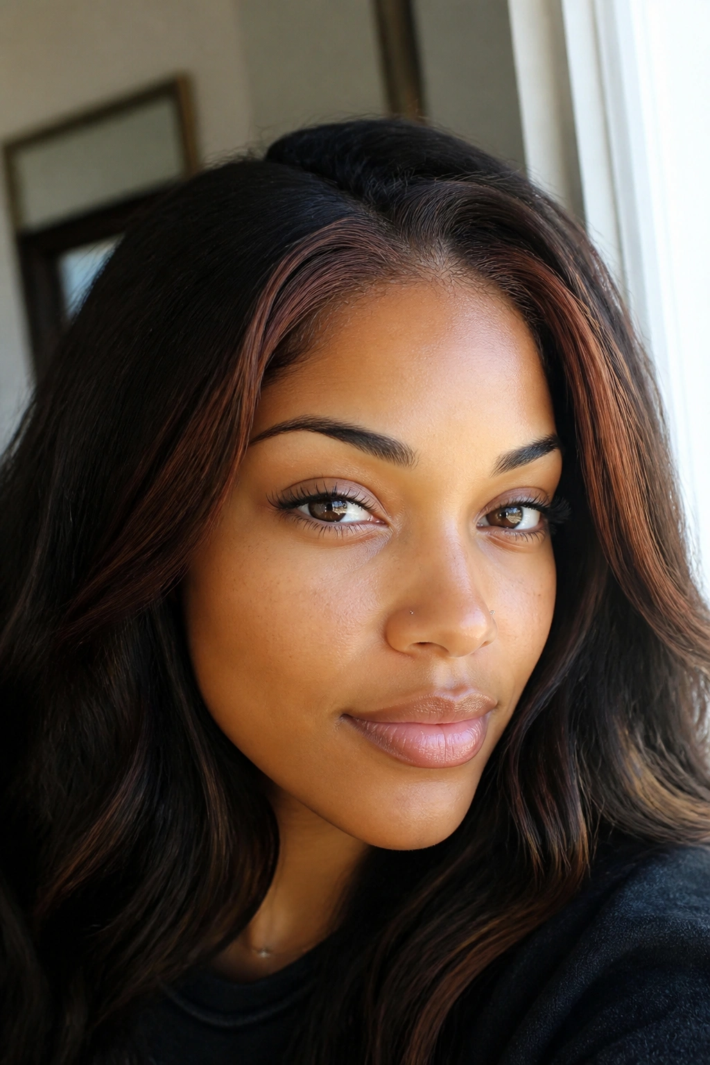 Close-up of a real woman with auburn babylights around the hairline