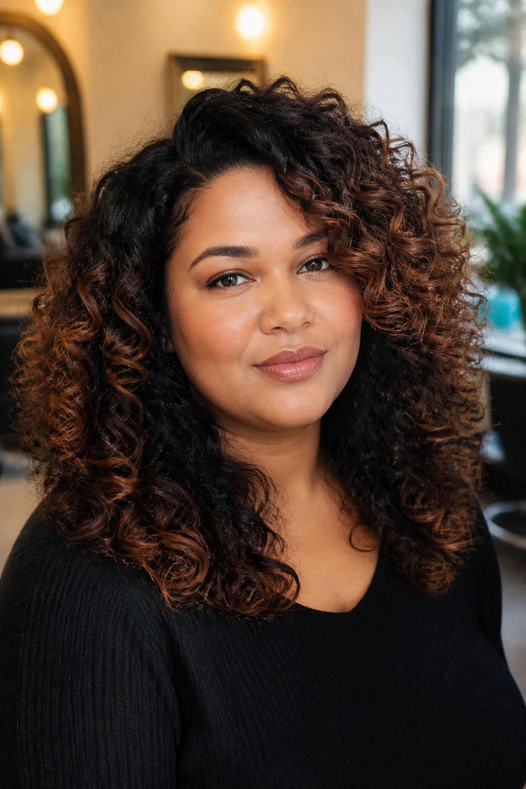 Close-up of real person with auburn-tinted balayage on black curls framed by window light