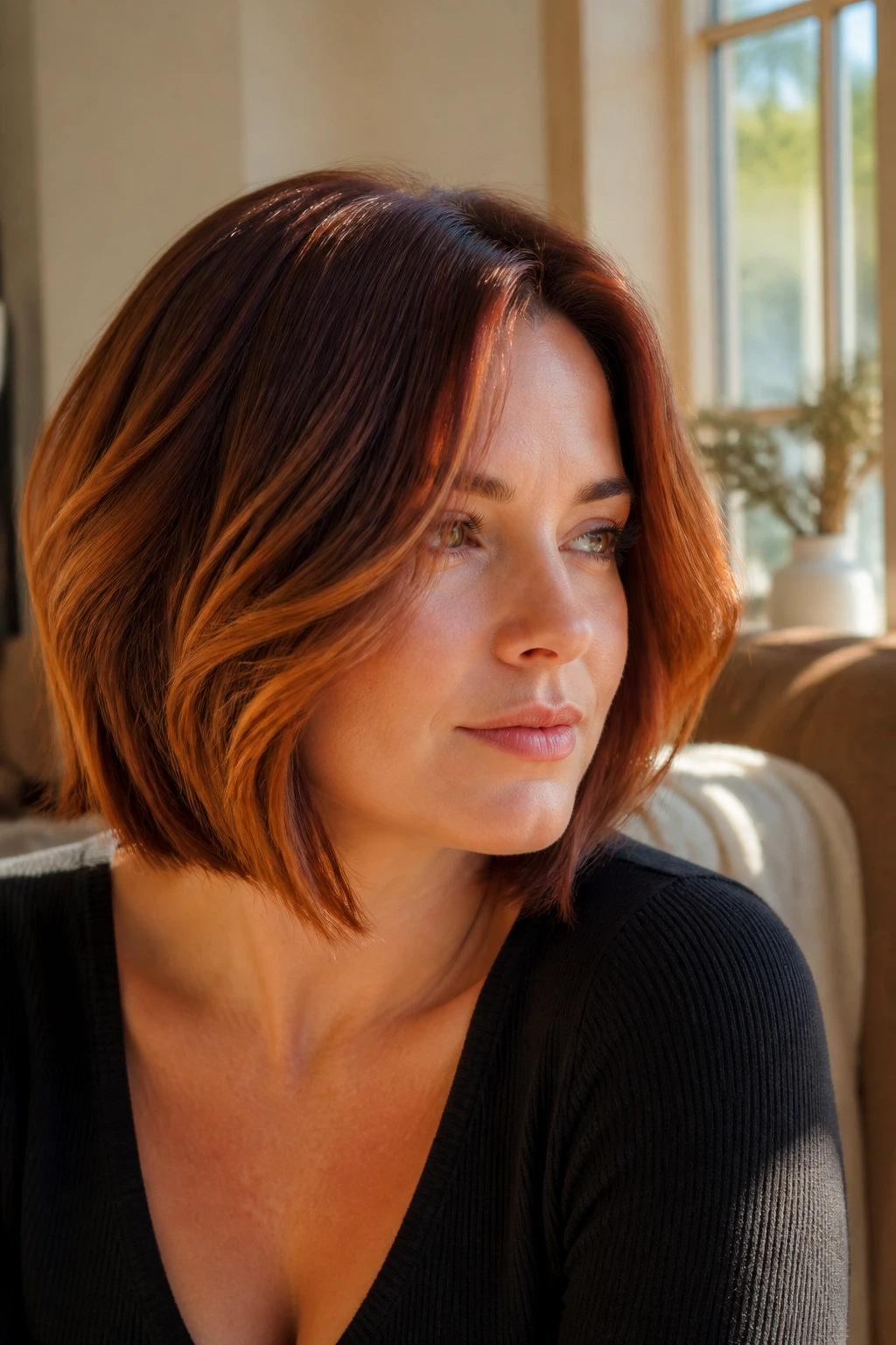 Close-up of a real woman with a soft auburn balayage bob with highlights.