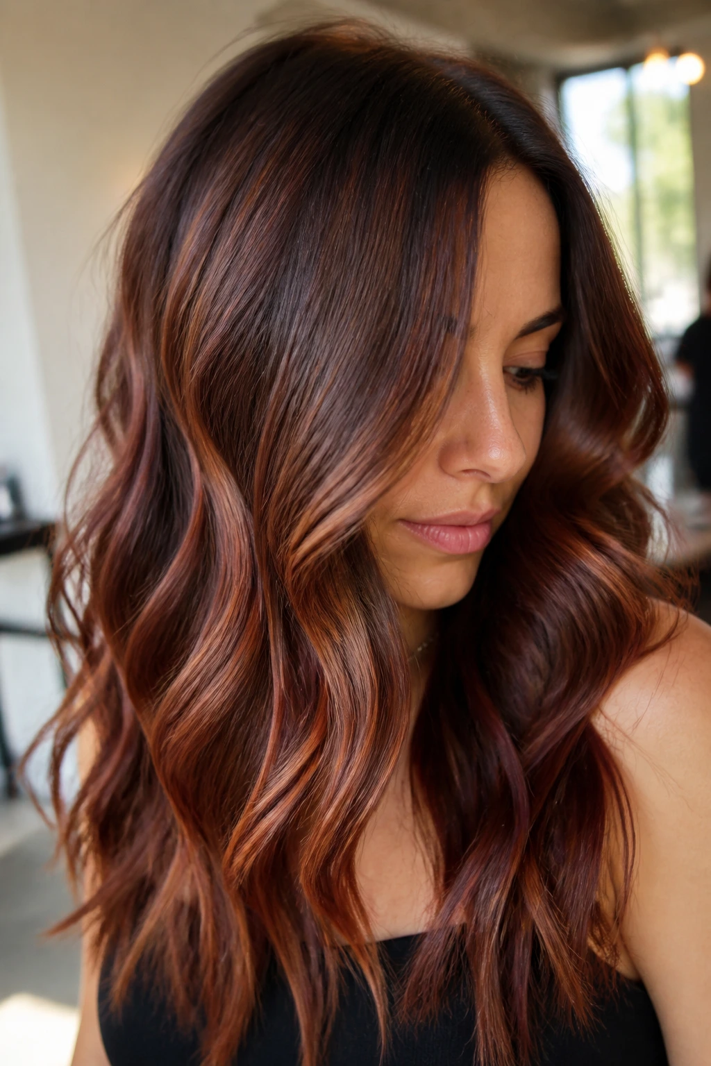 Close-up of a real person with auburn balayage on brown hair